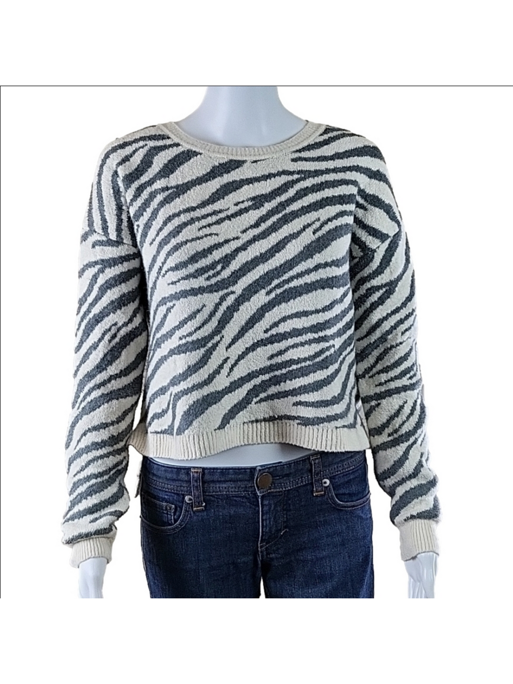 Yes Lola Grey & Cream Zebra Print Knit Crew Neck Cropped Pullover Sweater